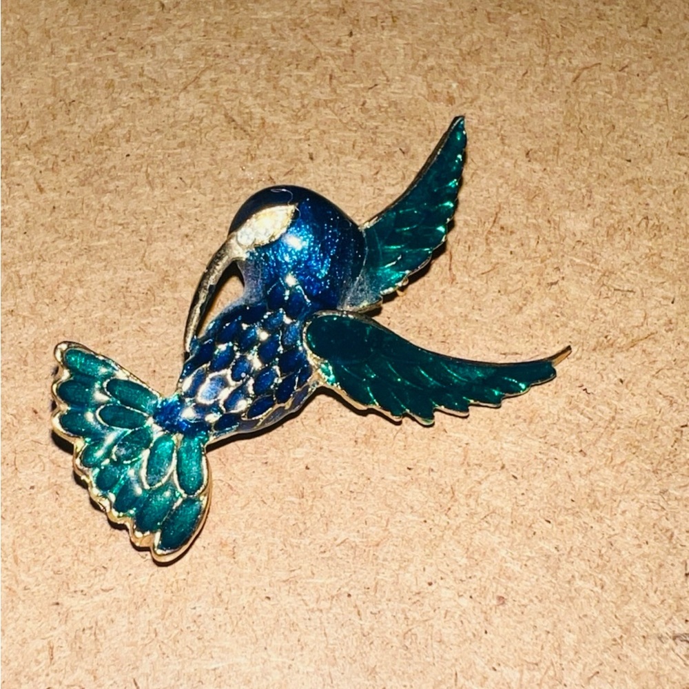 Vintage Kingfisher Bird Gold Tone Blue/Green Enamel Rhinestone 2"
